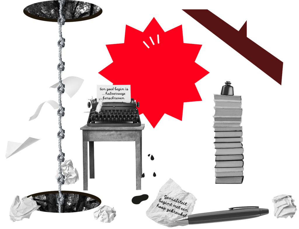 Collagebeeld voor de schrijfkamer: typemachine, stapel boeken, pen, verfrommeld papier en teksten over herschrijven als symbo