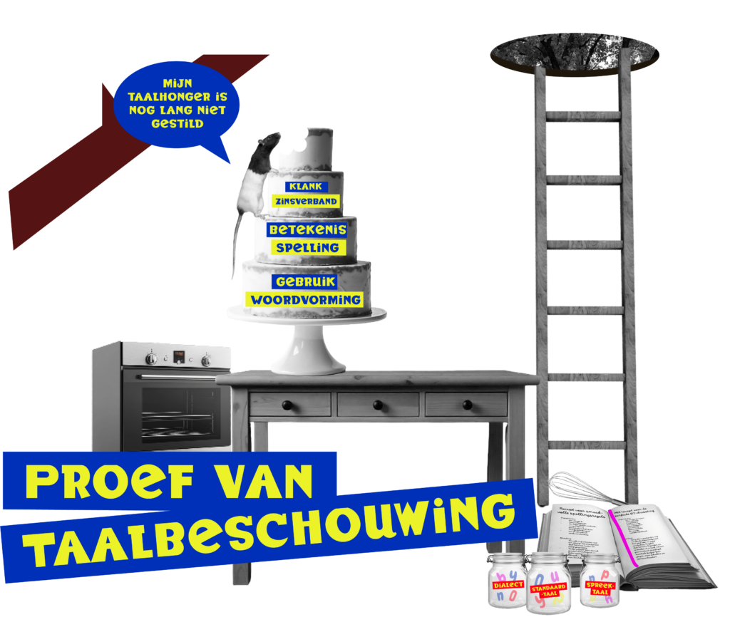 enkele illustraties met titel 'proef van taalbeschouwing', een ladder, kookboek, boom en rat die een taart beklimt
