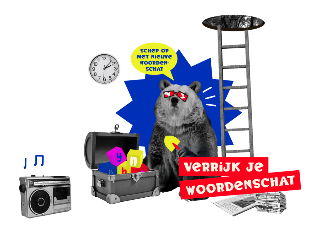 Illustratie woordenschatkamer: beer met zonnebril naast een kist vol letters en de tekst 'Verrijk je woordenschat'