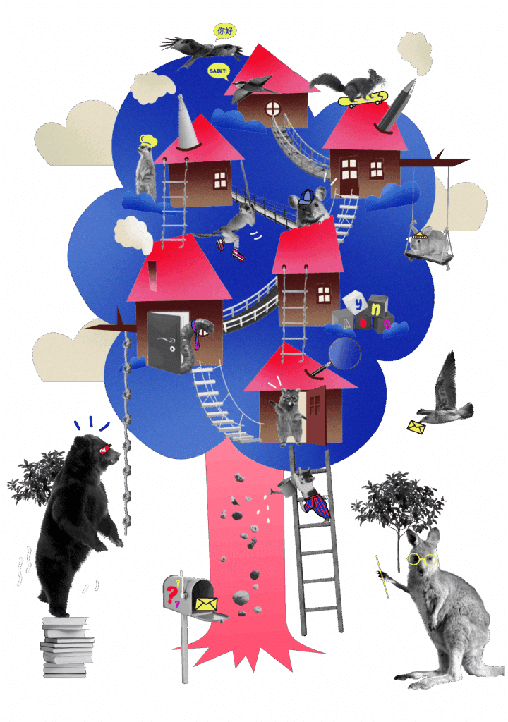 Gedetailleerde illustratie van fantasierijke taalboomhut met verschillende kamers verbonden door ladders en bruggen. Diverse dieren bewonen de boom: vogels, eekhoorns, beren en andere dieren. Basis is roze boomstam met ladder.